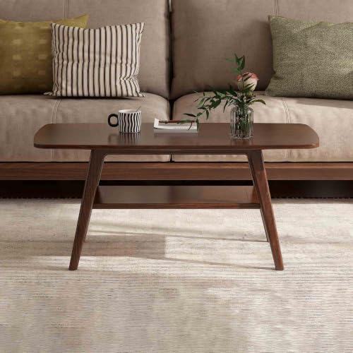 100% Solid Wood Coffee Table for Living Room, 39.37" Mid Century Modern Tables with Shelf Storage, 2-Tier Coffee Table with Rounded Corners (Oak Wood Walnut Color, 39.37" L) - color: Walnut, size: 39.37"L x 19.68"W x 17.32"H