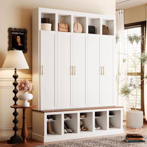 76’’H Farmhouse Hall Tree Cabinet with Shoe Storage Bench, Retro White | 59’’W Vertical Entryway Organizer with Doors, Shoe Rack, Open Cubbies & 5 Coat Hooks for Hallway Living Room Mudroom - color: Retro White, size: 59.05''W x 15.43''D x 75.98''H