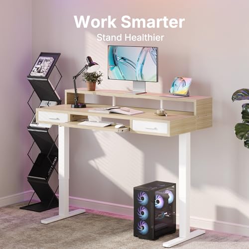 HUANUO 55″ x 26″ Electric Standing Desk with 2 Drawers &24.4″ Large Keyboard Tray, C-Clamp Mount Compatible, Adjustable Computer Desk for Office, Sit Stand Up Desk with 4 Height Presets, Light Walnut - color: Light Walnut, size: 55*26 inch