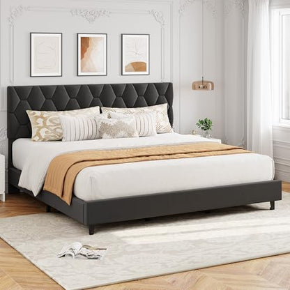 GAOMON Grey King Upholstered Bed Frame with Headboard, Heavy-Duty Platform Bed Frame with Strong Wood Slats, No Box Spring Needed/Easy Assembly/Noise Free | Heavy-Duty Bed Frame with Wooden Slats Support Upholstered Mattress Foundation No Box Spring Neede