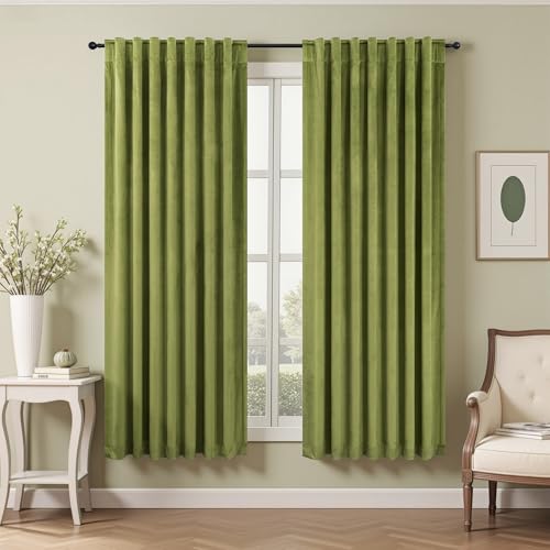 Moss Green Velvet Curtains 72 Inch Length for Dining Room 2 Panels Back Tab Rod Pocket Super Soft Thick Room Darkening Curtain for Kids Nursery Girls Bedroom Victorian Lime Green Sage Olive 52x72 Long - color: Moss Green, size: 52"W x 72"L (Pack of 2)