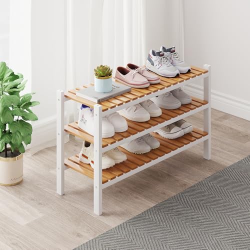 Bamboo Shoe Rack Organizer for Closet and Entryway-Space-Saving Narrow Shoe Stand-Versatile Shoe Holder for Door or Closet Shelf,Garage Bedroom can Freely Stack DIY Small Shoe Racks 3 Tier Mixed color - color: White+natural Color, size: 3-Tier
