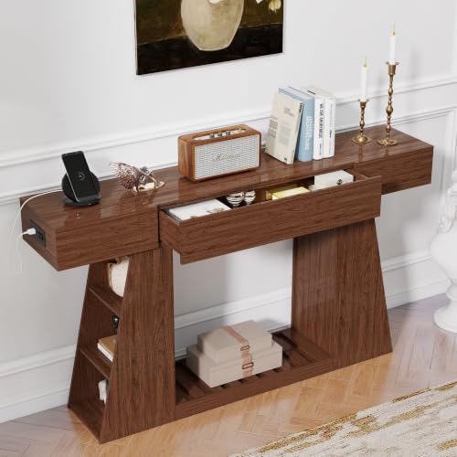 KEIKI 60" Narrow Console Table with Built-in Power Outlet, Farmhouse Sofa Table Behind Couch with Side Storage Compartment & Slatted Shelf, Entryway Foyer Hallway Accent Table, Rustic Walnut