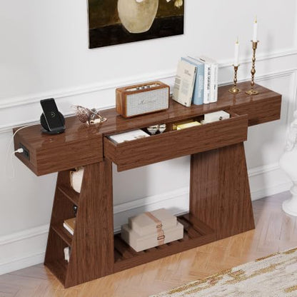 KEIKI 60" Narrow Console Table with Built-in Power Outlet, Farmhouse Sofa Table Behind Couch with Side Storage Compartment & Slatted Shelf, Entryway Foyer Hallway Accent Table, Rustic Walnut