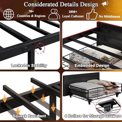 Twin Bed Frame with Storage Headboard, Farmhouse Platform Bed Frame with Bookshelf, Drawers, LED Lights and Charging Station, Metal Slats Support, Noise Free, No Box Spring Needed, Black - size: Twin