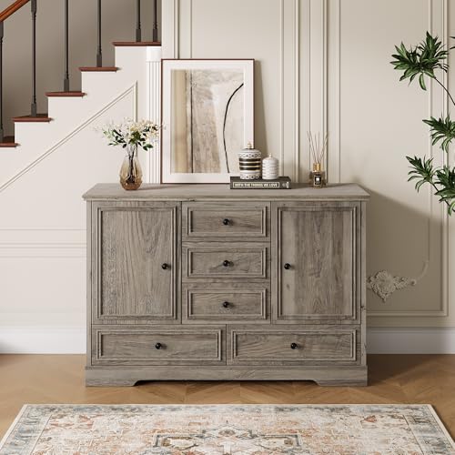 GarveeHome 47" Farmhouse Sideboard Buffet Cabinet, Sideboard Storage credenza with 5 Drawers and 2 Doors, Wood Coffee Bar Cabinet, Buffet Table for Dining Room Living Room, Grey - color: Grey