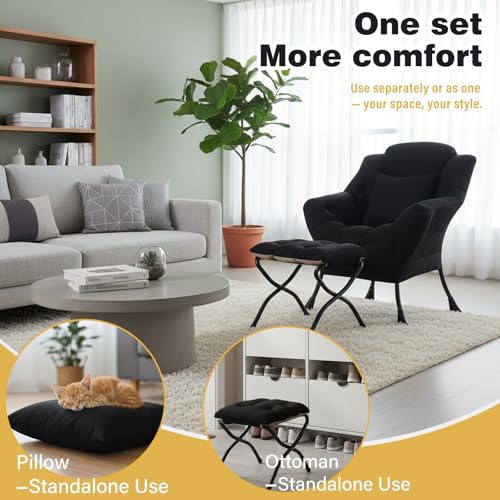 Lazy Chair with Ottoman, Comfy Reading Chair for Bedroom，Black | Comfy Bedroom Accent Chair with Washable Removable Cover and extra throw pillow for Living Room Dorm - color: Midnight Peach Black