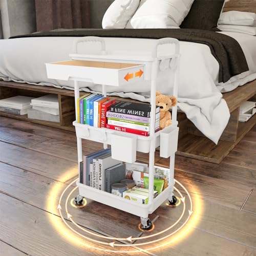 3 Tier Rolling Utility Cart with Drawer,REBECAT Utility Cart Made of Multifunctional Storage Organizer Tool for Kitchen,Bathroom,Living Room,Office(White) - color: White
