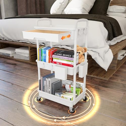 3 Tier Rolling Utility Cart with Drawer,REBECAT Utility Cart Made of Multifunctional Storage Organizer Tool for Kitchen,Bathroom,Living Room,Office(White) - color: White