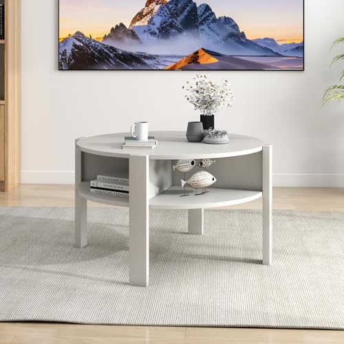 GIANTEX Round Coffee Table, Mid Century Modern Center Table (White) | 2-Tier Storage Shelves & 4 Side Compartments, Wood Coffee Table for Living Room, Small Spaces - color: White