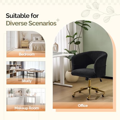 VINGLI Modern Curved Office & Vanity Desk Chair, Cute Upholstered Nail Chair with Wheels & 360° Swivel & Club & Tilting & Gold Base, for Bedroom, Living Room, Makeup, Velvet Chenille, Black - color: Black