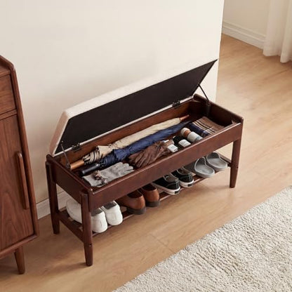 YEPDIN 39.3" Solid Wood Shoe Rack Bench with Flip-Top Storage,2 Tier Shoe Rack Bench with Chenille Cushion,for Entryway, Hallway,Living Room, Bedroom, Closet - color: Walnut