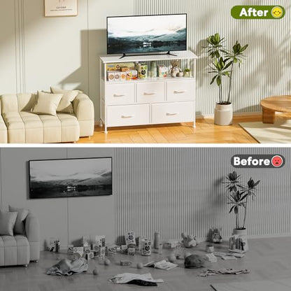 Simple Deluxe TV Stand Dresser for Bedroom Entertainment Center with 5 Fabric Drawers, Storage Organizers Units for Living Room, Media Console Table with Open Shelf up for 45" TV, White, Wood top