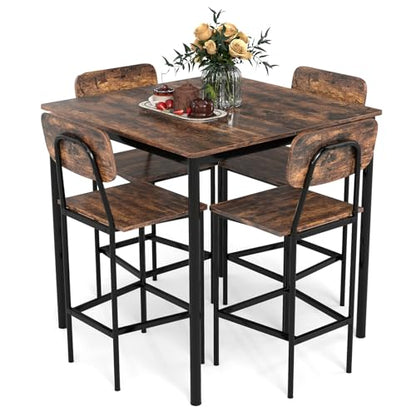NAFORT Dining Table Set with Counter Height Table & 4 Bar Stools, 5-Piece Bar Table and Chairs with Footrest & Back Support, Space-Saving Dinette Set for Pub, Kitchen &Dining Room, Restaurant - color: Rustic Brown