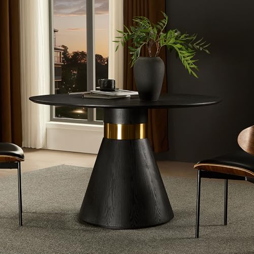 Round Dining Table for 6 People, 47.24 Inches Dining Room Table, Modern Wood Round Kitchen Tables Black Pedestal Base with Gold Trim Ring for Dining Room, Kitchen, Living Room - color: 47.24 Inch Black With Gold Trim