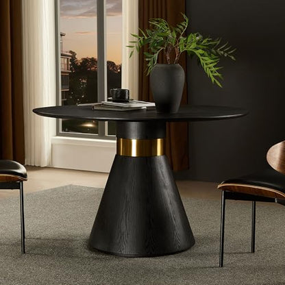 Round Dining Table for 6 People, 47.24 Inches Dining Room Table, Modern Wood Round Kitchen Tables Black Pedestal Base with Gold Trim Ring for Dining Room, Kitchen, Living Room - color: 47.24 Inch Black With Gold Trim