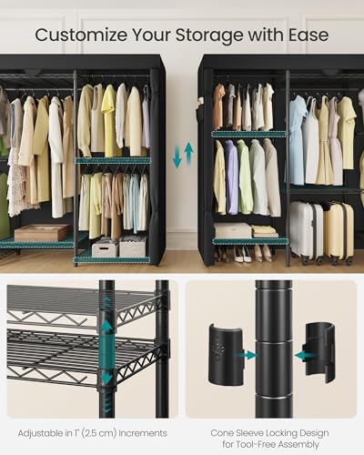 SONGMICS Heavy-Duty Clothes Rack, Garment Rack, Portable Closet, 68.7-Inch Wide Clothing Rack with Adjustable Mesh Shelves and Hanging Rails, Ink Black ULGR435B01 - color: Ink Black, size: 68.7"L x 76"H, style: With Fabric Cover