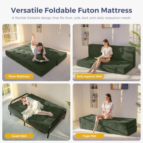 MAXYOYO Foldable Mattress, 8-Inch Tufted Futon Mattress with Handles | Tufted Floor Sofa Bed and Versatile Mattress, Carry Handles for Living Rooms or Guest Rooms, Frame Not Included, Dark Green - color: Dark Green