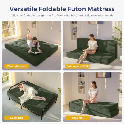 MAXYOYO Foldable Mattress, 8-Inch Tufted Futon Mattress with Handles | Tufted Floor Sofa Bed and Versatile Mattress, Carry Handles for Living Rooms or Guest Rooms, Frame Not Included, Dark Green - color: Dark Green