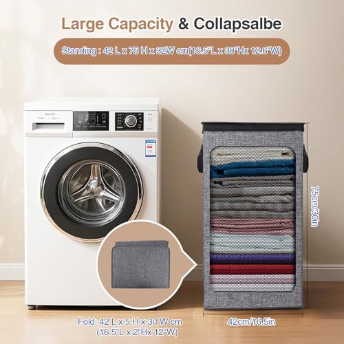 Collapsible Laundry Hamper with Lid 100L, Large Laundry Basket with Removable Mesh Bag for Bedroom, Bathroom,Closet, Dorm(Grey)