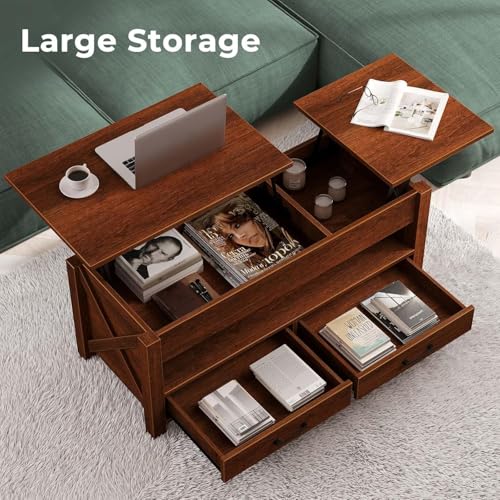 Multifunctional Lift Top Coffee Table, Convertible Wooden Coffee Table with 2 Drawers & Hidden Compartment, Storage Center Table for Living Room Home Office,Walnut Brown - color: Walnut Brown - 47.2 Inch
