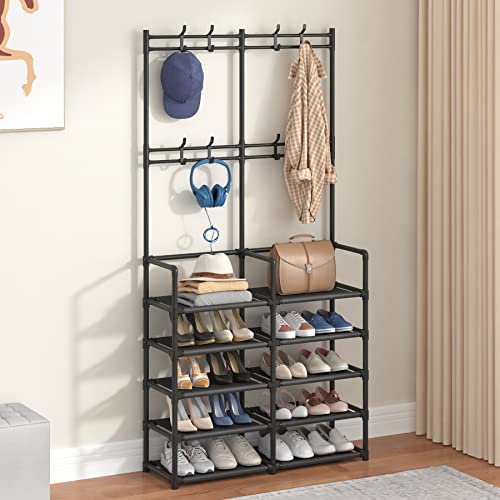 Laiensia 5-Tier Entryway Coat Rack, Coat and Shoe Rack, Entryway Bench Storage Organizer with 8 Hooks for Bedroom, Hallway, Office, Black - color: Black