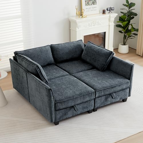 Sleeper Modular Sectional Sofa Set, Convertible Couch Bed with Storage, 4 Seater and 4 Armrestes Sofa Modular for Living Room, Office (Blue Grey) - color: Blue Grey, size: 4 Seater Sleeper Sofa - 2