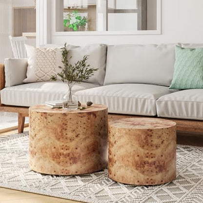 18.9" Round Nesting Coffee Table Set of 2, Modern Wooden Coffee Tables Small Circle Center Table for Living Room, Accent End Table Set, No Assembling (Natural Burl) - color: A-natural Burl