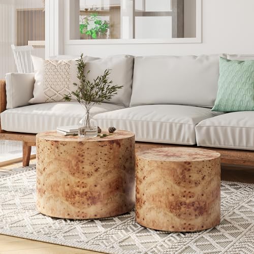 18.9" Round Nesting Coffee Table Set of 2, Modern Wooden Coffee Tables Small Circle Center Table for Living Room, Accent End Table Set, No Assembling (Natural Burl) - color: A-natural Burl