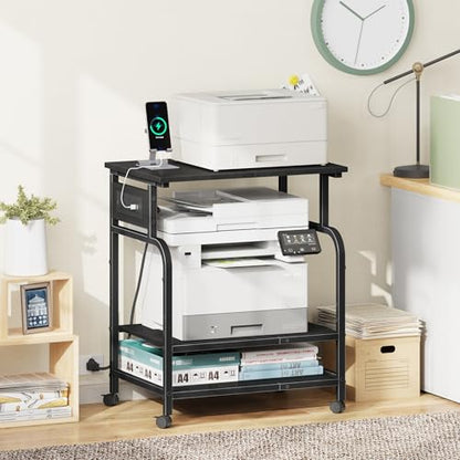 YAOHUOO 3 Tier Large Printer Stand with Power Outlet/Adjustable Shelf | 22"x15" Large Top,Fit 2-3 printers,Rolling Cart with Wheels,Table for Home Office,Fit 3D Printer/Heat Press/Laser,Black - color: Black, size: 22"×15"