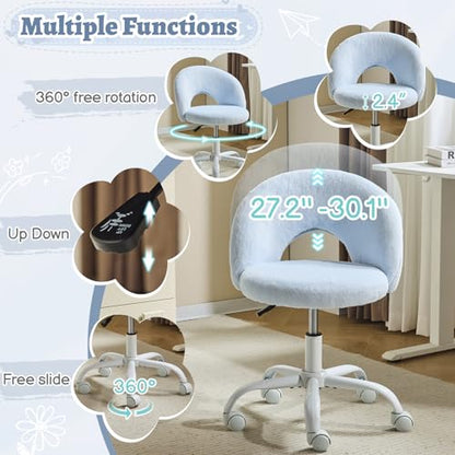 VINGLI Small Vanity Chair with Faux Fur Wheels for Girls,Cute Adjustable Height Armless Office Desk Chair,360°Swivel Comfy Rolling for Study,Make up Room,Small Space,Blue - color: Furry Blue
