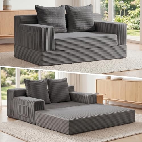 Boneless Loveseat Small Couch Bed, Futon Sleeper Sofa Bed,Convertible Pull Out Couch with 2 Pillows,Corduroy Folding Floor Couch for Living Room,No Assembly Required,Grey - color: Grey, size: 53.9inch