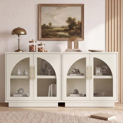 Fatmok Arched Glass Sideboard Buffet Accent Cabinet, 31.5" Display Credenza with Adjustable Shelf,1-Piece Modular Coffee Station Storage for Kitchen Living Room Bedroom, Beige(Not White) - color: D-beige