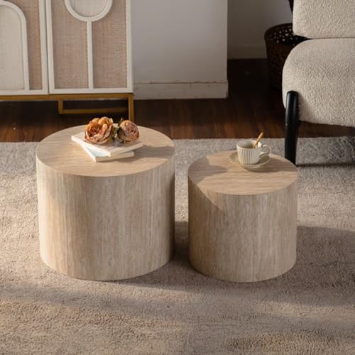 18.9" Nesting Coffee Table Set of 2, Modern Round Coffee Tables Circle Center Table for Living Room Apartment Small Space, Accent End Table Set, No Assembly (Amber) - color: 18.9" White Wood Grain