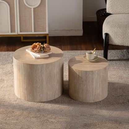 18.9" Nesting Coffee Table Set of 2, Modern Round Coffee Tables Circle Center Table for Living Room Apartment Small Space, Accent End Table Set, No Assembly (Amber) - color: 18.9" White Wood Grain