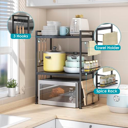 DOLALIKE Microwave Oven Rack, Expandable Microwave Stand Countertop Kitchen Utensils Tableware Storage, Carbon Steel Over Microwave Shelf Countertop with 6 Hooks | Adjustable Microwave Oven Rack Metal Storage Shelf for Pans Small Appliances Kitchen Utensi