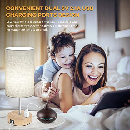 Bedside Table Lamps with 2 USB Charging Ports & AC Outlet, Set of 2 Touch Control Wooden Base Nightstand 3-Way Dimmable Lamps with Beige Fabric Shade for Bedroom, Living Room, A19 E26 Bulbs included - color: Cream