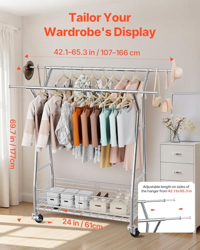 VEVOR Clothes Rack, Rolling Clothing Garment Rack, Extendable Carbon Steel Clothing Racks with Wheels for Bedroom, Laundry, Living Room - style: with Storage Basket