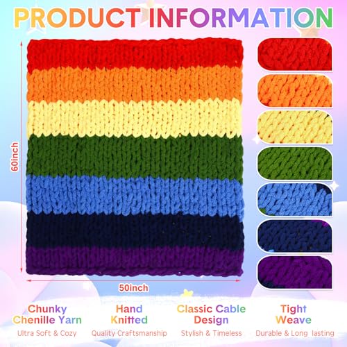 Rainbow Chunky Knit Throw Blanket 50"x60" Soft Knitted Throw Chenille Yarn Handmade Crochet Big Thick Blanket Rope Knot Blankets for Couch Sofa Bed Home Decoration