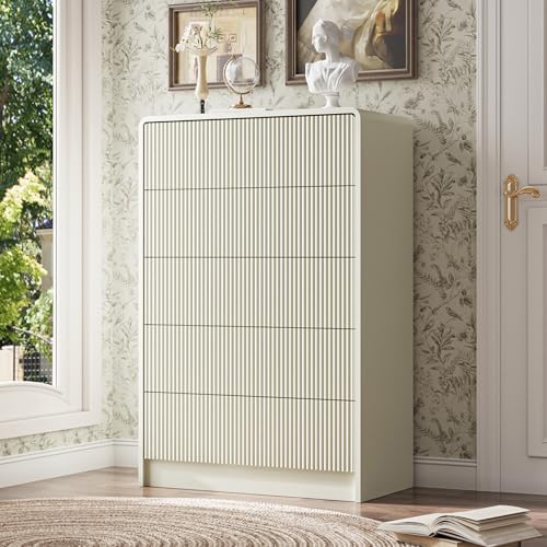 MAISONARIA Beige Curved 5 Drawer Dresser, Wide Modern Long Dresser for Bedroom, Living Room, or Entryway, Push to Open Storage Chest, Minimalist Scandinavian Style, Beige - color: Beige, size: 15.7"D x 31.4"W x 47.6"H (5 Drawers)