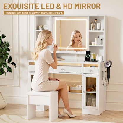LIVELYGLOW 43.3" White Large Makeup Vanity Desk with Glass Top & RGB Lights - color: White/Transparent