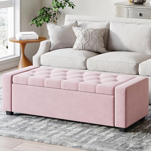 Storage Ottoman Bench,Large Entryway Ottoman with Storage, Rectangular Bench with Cushion and Safety Hinge for Living Room Bedroom - color: Pink