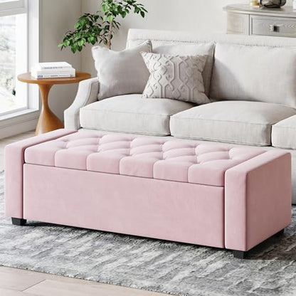 Storage Ottoman Bench,Large Entryway Ottoman with Storage, Rectangular Bench with Cushion and Safety Hinge for Living Room Bedroom - color: Pink