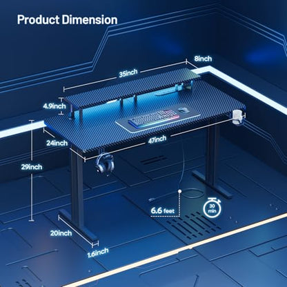 HLDIRECT 47 Inch Gaming Desk with LED Lights & Cable Management, Black | Ergonomic carbon fiber gaming computer desk with 5 sockets, monitor stand, cup holder, headphone hook & mouse pad for gamers - size: 47INCH