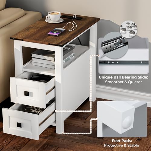 VVFLU Farmhouse End Table with Charging Station and 2 Storage Drawers, White Wood Nightstand Narrow, Skinny Side Table Rustic, Slim Bedside Table, Open Shelf, Small for Bedroom, Living Room, Sofa - color: White/Wood
