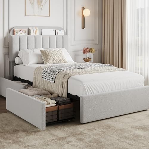 GarveeHome Twin Bed Frame, Platform Bed with Storage Headboard & Drawers | Boucle Upholstered Bed Frame for Kids, Bookcase Headboard, No Box Spring Needed, Easy Assembly, Light Gray - color: Light Gray, size: Twin