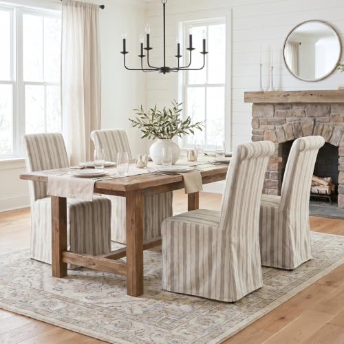 chairus Slipcovered Parsons Dining Chairs Set of 4, Upholstered Dining Room Chairs with Removable Linen Cover & High Back, Modern Farmhouse Wooden Side Kitchen Chairs, Khaki Stripe - color: Khaki Stripe Linen, size: 4 Chairs
