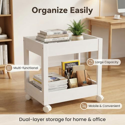 Wooden Rolling Storage Cart 2-Tier Mobile Organizer Small Spaces | Rolling Wooden Utility Cart for Home Bathroom Kitchen Coffee Station Bedroom Office Storage Solution（White）