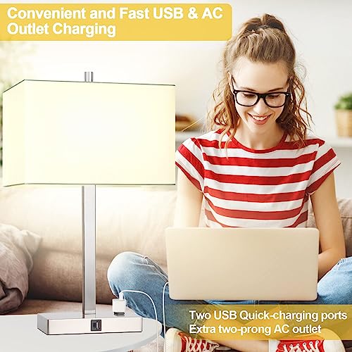 21" Touch Bedside lamps with 2 USB & AC Outlets, 3-Way Dimmable Bedside Table Lamps Set of 2 for Bedroom Living Room Office Reading, White Shade Lamps for Night Stands, 3000K LED Bulbs Included - color: (2 pack)White Cream Linen & Brushed Nickel(Base)-300