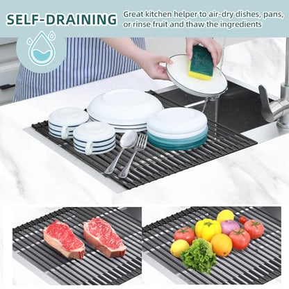 Ohuhu Over The Sink Dish Drainer Drying Rack, 17.6" W x 15.4" L Roll Up Dish Racks Kitchen Sink Organizer Silicone Wrapped Large in Sink Dish Drying Rack Foldable Rolling Drain Mats Anti-Slip - color: Black, size: 17.6"W x 15.4"L